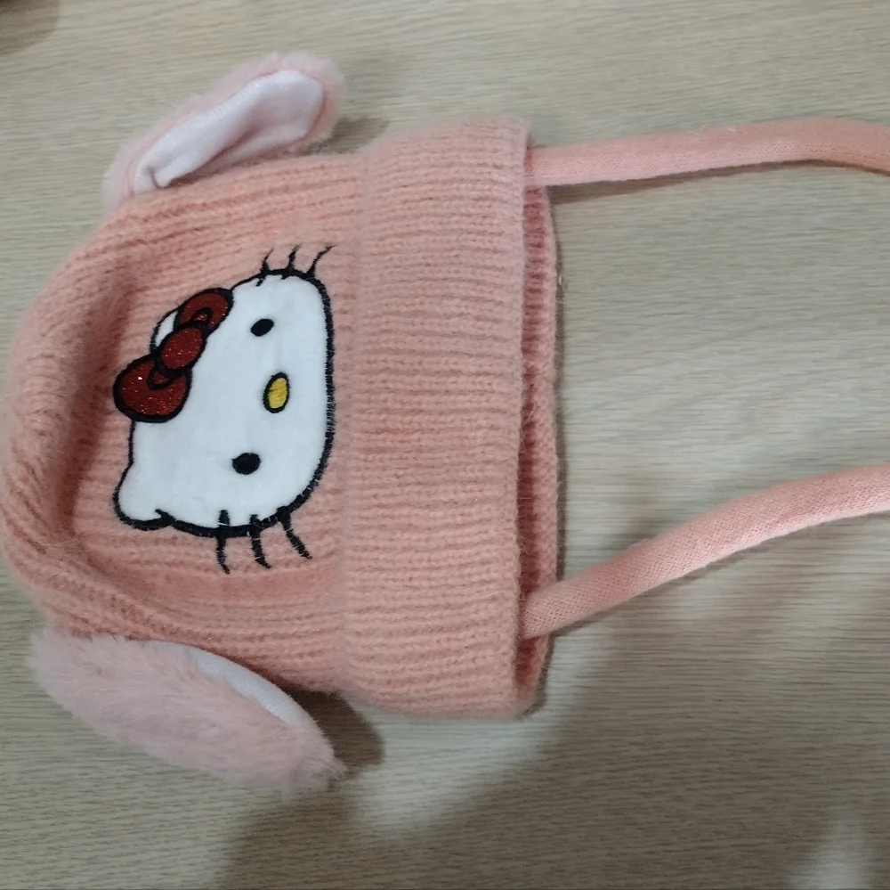 Hello Kitty Pink Knit Beanie with Pom Poms and Red Glitter Bow EARS MOVE! NEW!